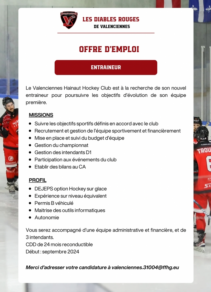 Photo hockey Valenciennes recrute un ENTRAINEUR - Division 1 : Valenciennes (Les Diables Rouges)