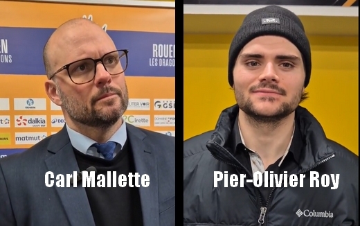Photo hockey J41 - Réaction de C. Mallette et de P.O. Roy - Ligue Magnus : Rouen (Les Dragons)