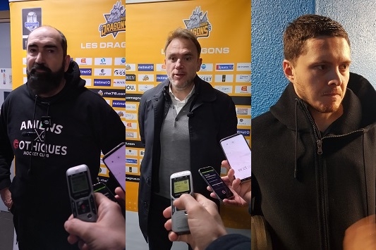 Photo hockey Rouen vs Amiens M2 - ITW M. Richer - F. Lhenry et A. Lindelöf  - Ligue Magnus