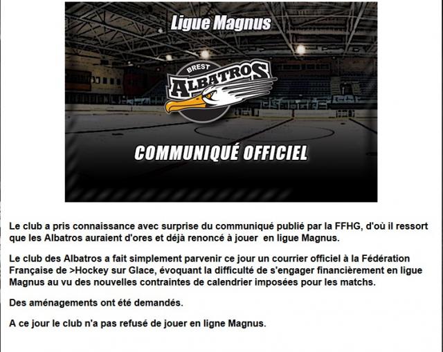 Photo hockey Brest SURPRIS par le communiqué FFHG - Ligue Magnus : Brest  (Les Albatros)