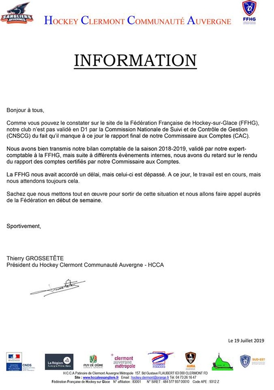 Photo hockey Communiqué Clermont - Division 1 : Clermont-Ferrand (Les Sangliers Arvernes)