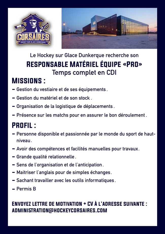 Photo hockey Dunkerque recherche Responsable matériel Equipe pro - Division 1 : Dunkerque (Les Corsaires)