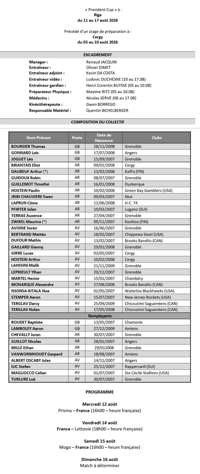 Photo hockey EDF U20 - Convocations avant Tournoi de Riga - Equipes de France