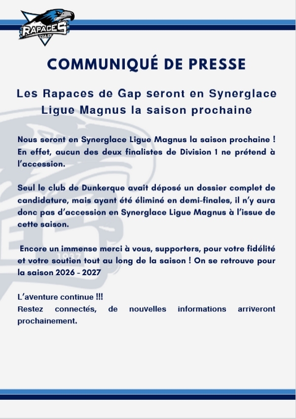 Photo hockey Gap - Communiqué - Ligue Magnus : Gap  (Les Rapaces)