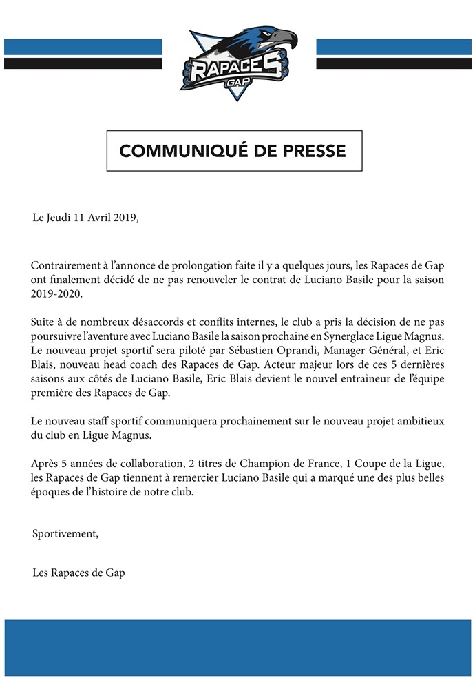 Photo hockey Gap : Luciano Basile non renouvelé - Ligue Magnus : Gap  (Les Rapaces)