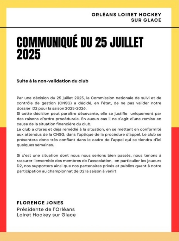 Photo hockey NON VALIDATION - Communiqué d