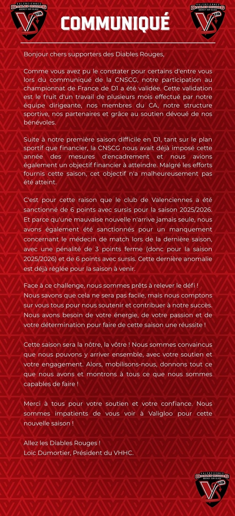 Photo hockey VALIDATION - Communiqué de VALENCIENNES - Division 1 : Valenciennes (Les Diables Rouges)